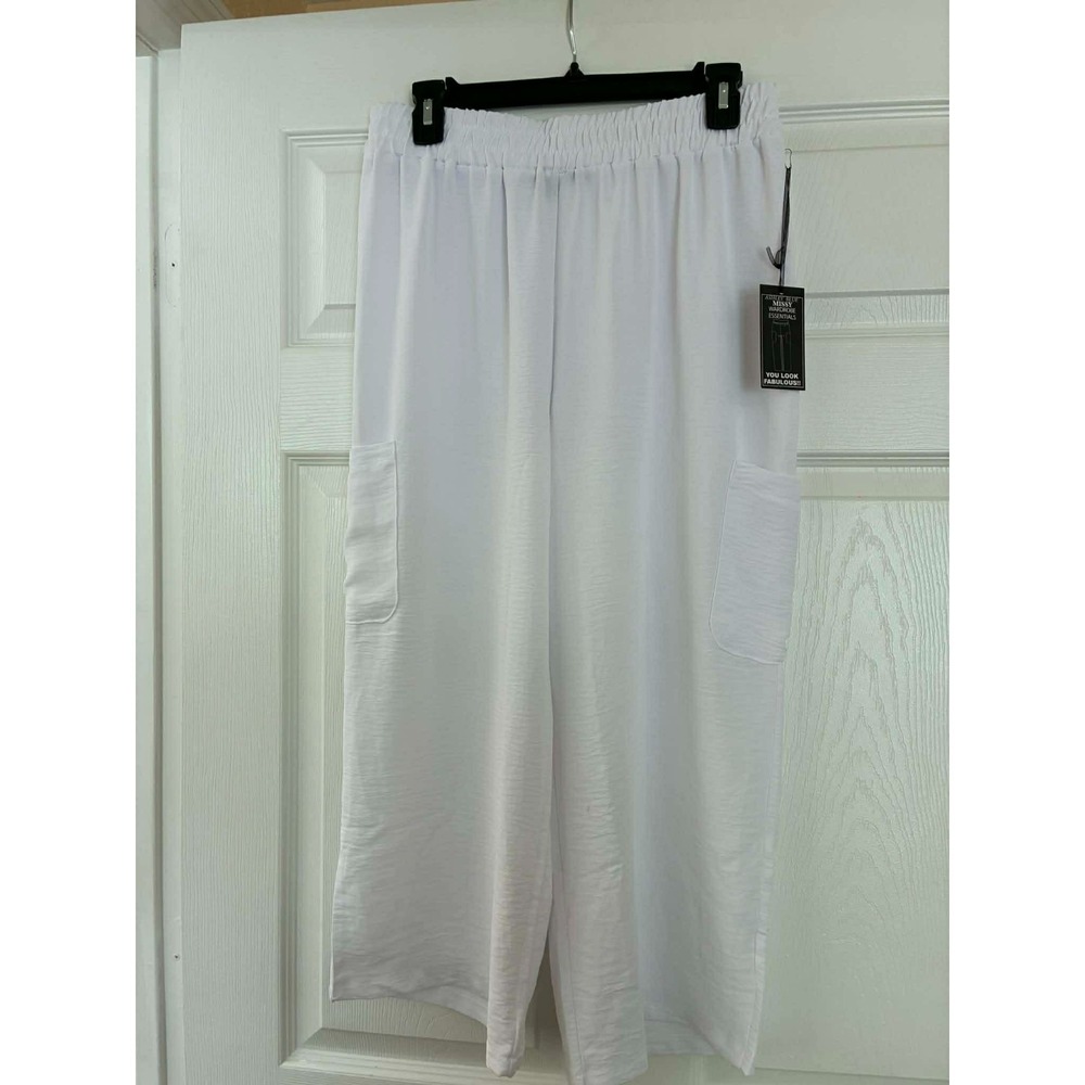 Ashley Blue‎ White Wide Leg Pants Womens L Elastic Waist Pockets NWT